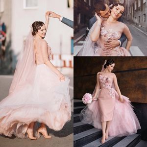 Vintage Różowy Tutu Overkirt Prom Dresses Sheer Neck Połowa Długie Rękaw Suknie Wieczorowe Kwiat Aplikacja Kobiety Specjalne okazje Dresses