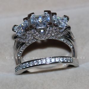 Wholesale Jewelry Vintage 925 sterling silver three stones Simulated Diamond Zirconia Wedding Engagement Rings SET for Women love Size 5-11