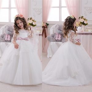 Princess Illusion Long Sleeves Bridal Flower Girls Dresses Lace Appliqued Bow Ball Gown Cheap Girls Pageant Dresses