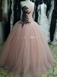 Riktigt foto prinsessa boll klänning rosa prom klänningar fest klänning med svarta spets applikationer och sequins vestido de festa vestidos longo kväll gå