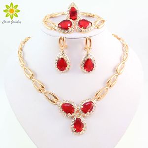 Conjuntos de jóias para as mulheres do casamento nupcial do partido de cristal banhado a ouro zircão vermelho pingente de colar de brincos de anel pulseira fina conjunto