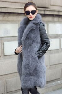 Kvinnors Luxury Genuine Sheepskin Leather Down Polded Långärmad Avtagbar Patchwork Natural Fox Fur Long Parka Casacos Coat