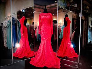 Red Lace Long Sleeve Evening Dresses 2017 Open Back See Through Mermaid Evening Gowns Floor Length Formal Pageant Party Dresses