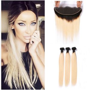Blonde Ombre Hair With Lace Frontal Closure Two Tone Colored 1b 613 Blonde Straight Hair 3pcs With Lace Frontal Closure Peruvian Virgin Hair
