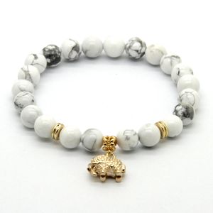 Partihandel 10PS / Parti 8mm Vit Howlite Stone Real Gold Plated Elephant Charm Lucky Bracelets Party Gift