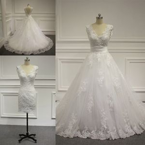 2023 abito da sposa treno staccabile nuovo arrivo lungo scollo a V Vestido De Noiva aperto indietro pizzo applique abiti da sposa in rilievo foto reale