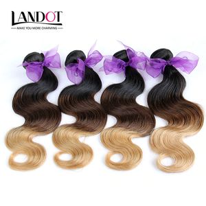 3pcs mycket 8-30inch tre tonade ombre eurasiska mänskliga hårförlängningar kroppsvåg vågig 1b-4-27 svart brun blont ombre jungfru hår vävbuntar