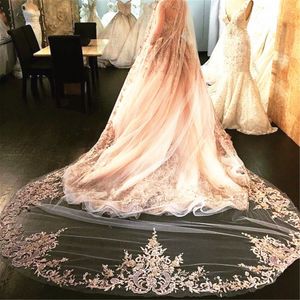 In Stock Luxury Champagne Crystal Bridal Veils Cathedral Length Long Lace Applique Custom Made Wedding Veils With Free Comb
