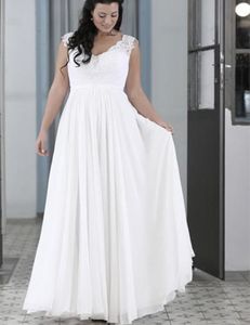 Ny elegant plus storlek strand bröllopsklänningar v nacke ärmlös spets chiffong golv längd brudklänningar anpassad storlek