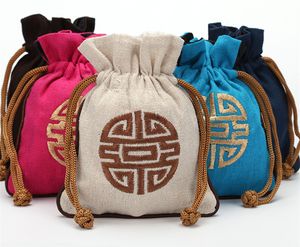 Etnisk liten bomull linne smycken påse dragsko kinesisk stil broderi Lucky presentförpackning tomt te godis väska bröllop favor 10st / lot