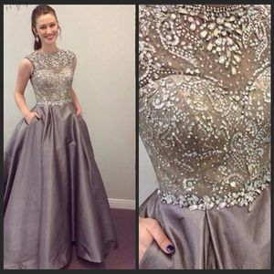 Sparkling Frezowanie Satin Silver Grey Prom Dresses 2016 Rękawów Długi Diament Cekinowane Formalne Suknie Wieczorowe Vestidos Formatura