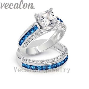 Vecalon marca design tanzanite cz diamante anel de banda de casamento conjunto para mulheres 10kt ouro branco enchido anel de dedo feminino