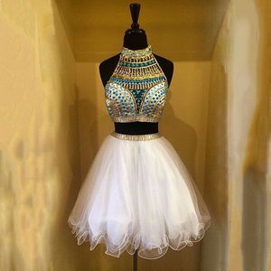 White Two Piece Homecoming Dresses High Neck Halter Crystal Beaded Tulle Short Prom Dresses Graduation Dresses With Sexy Back2429