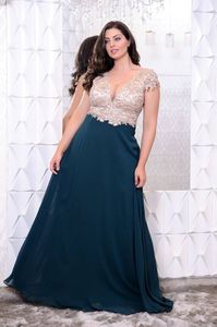 Charming Plus Size Evening Dresses Deep V-Neck Beading Prom Gowns A-Line Floor Length Chiffon Appliques Formal Dress 415