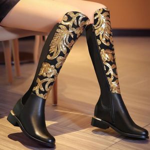 Prawdziwej skóry luksusowe buty kobiety kolano wysokie buty grube wysokie obcasy brokat kobiety buty zimowe buty czarne botasy