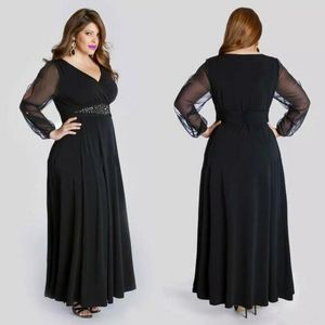 Black Chiffon Plus Size Prom Dresses Long With Illusion Sleeves 2019 Cheap V Neck Beaded Sash Ankle Length Formal Dresses Custom Made EN9218