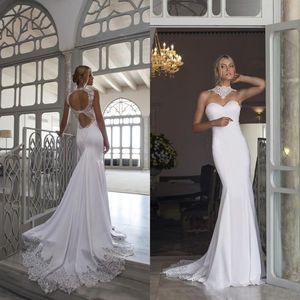 Sexy 2019 Riki Dalal Wedding Dresses Mermaid Open Back High Neck Illusion Lace Appliques Fit and Flare Beach Bridal Gowns Custom Made