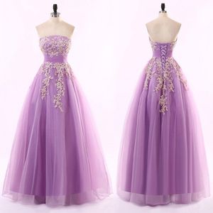 New Arrival Lilac Prom Dress Long Formal Evening Party Gowns Strapless Sleeveless Corset Formal Dress with Beaded Lace Applique Fl293w