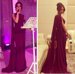 Cheap Modest Mermaid Prom Dresses Long Cap Sleeves Chiffon Grape Burgundy Evening Party Dress With Cape Dubai Abaya Arabic Prom Gowns