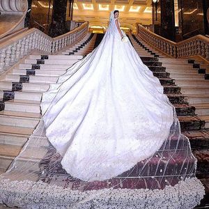 Lüks Bir Katman 6 Metre Uzun Gelin Peçe Çiçek Aplikler Ile Boncuklu Katedral Uzunluğu Düğün Veils Gelin Düğün Aksesuarları için