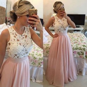 Vit och rosa Prom Klänningar 2017 Sommarpärlor Beaded Lace Top Ärmlös Aftonklänningar Chiffong Golvlängd Formell Party Dresses