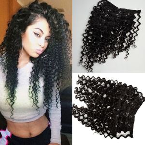 Clip In Human Hair Extensions، Deep Wave Curly Brazilian Remy 7pcs Clips-on Hair Weaves، 8-24 '' Top-up البرازيلي العذراء كليب الإضافية