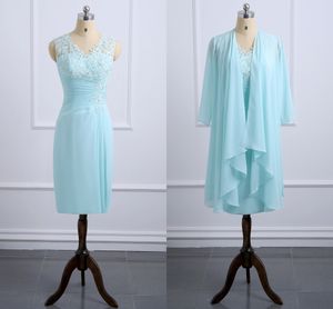Mintgrünes, knielanges Chiffon-Kleid für die Brautmutter mit Jackenapplikationen, Spitze, formelle Abendkleider in Übergröße, Hochzeitsgastkleid