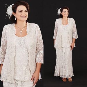 Vintage 2019 Ivory Lace 3 Pieces Mor of Bride Dresses Långärmad jacka Ankellängd Plus Storleksklänning för brudgummens mor
