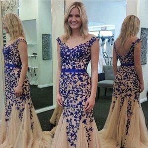 Charmig Champagne Royal Blue Mermaid Prom Pagant Formella Klänningar Anpassad Gör V-Neck Full Length Caper Party Dress Gown