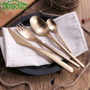 Jankng 4PCS /ロット高級ゴールドフラットウェアセットステンレススチールカトラリーセットキッチン食品食器マットナイフフォークスプーン食器1