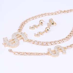 Setler Altın Kaplama Hip Hop Bling Bling Dolar Tabela Kolye Takı Set Dolar ile Rhinestone Kolye Kolye Küpe Halkalar