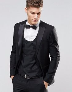 Design One Button Black Groom Tuxedos Groomsmen Męskie Blazer Prom Garnitury Oblubienica (Kurtka + Spodnie + Kamizelka + Łukowa krawat) Trzy kawałki