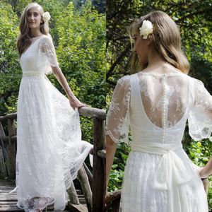 Vestidos De Casamento Boêmio 2018 Elegante Lace Full Ilusão de Volta Manga Curta Com Sash Longo Boho Vestidos De Noiva Custom Made China EN11287