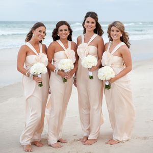 Smoothest 2017 бледно-розовый шифон пляж невесты платья длинные дешевые Halter Criss Crest Back ручной работы вручную горникула для честь платья EN10098