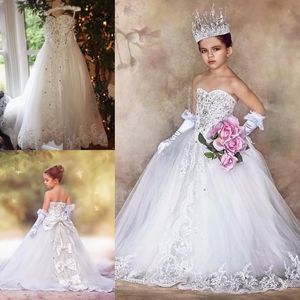 Luxury Crystal Flower Girls' Dresses for Weddings With Lace Bow Summer Communion Dress Kids Formal Wear Sweep Train Pageant Gowns For Girl