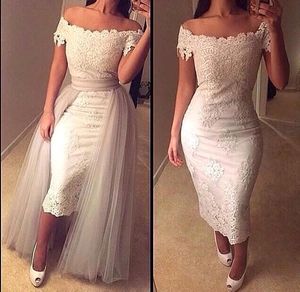 2017 New Arrival Cheap Lace Cocktail Dresses Off Shoulder Appliques Sheath Homecoming Dresses Wth Detachable Train Short Prom Gowns