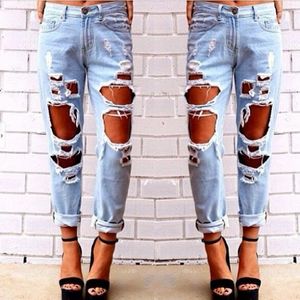 Ingrosso 2015081401 2015 New Fashion jeans donna Light Blue Solid Novelty Skinny Tutta la lunghezza strappata