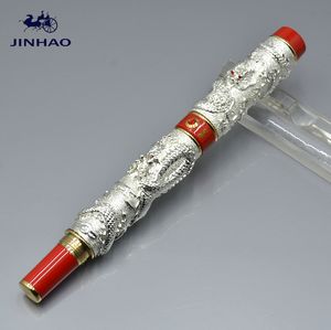 Lyxig Jinhao Pen för unik Silver Dubbel Dragon Embossment Metal Roller Ball Pen med Business Office Supplies Skriva Smooth Gift Pennor