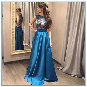 Konservativ Satin Lång Moder av Brud Groom Klänningar En Linje Cap Sleeves Jewel Neck Appliques Ocean Blue Formal Aftonklänningar Morklänning