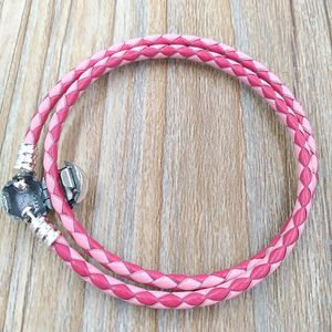 Moments Double Woven Leather Bracelet - Pink Mix Authentic 925 Silver Fits European Pandora Style Jewelry Charms Beads Handmade Andy Jewel 590747CPMX-D