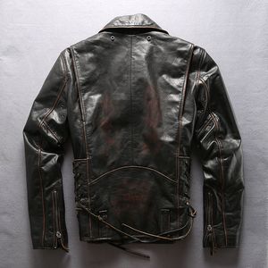 Men Flocking cow leather jackets lapel neck suitcase retro vintage leather jacket Slim fit Quilted jacket