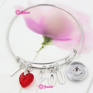 New Arrival Interchangeable Red Crystal Heart Initial Letter I LOVE YOU Charms Wire Expandable 18mm Snaps Bangles Bracelets for Valentine