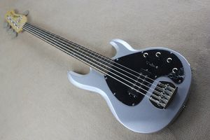 Music Man 5 Strings Bass Erine Ball StingRay Metallic Sliver Gray Electric Guitar 9V Battery Active Pickups Black Pickguard Chrome Hardware