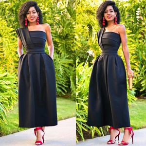 Siyah Bir Omuz Gelinlik Modelleri Saten Ruffles Ayak Bileği Uzunluk Abiye giyim Güney Afrika Fermuar Geri Siyah Kadınlar Örgün Giyim Vestidos