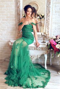Emerald Green Long Evening Dress 2022 Sweetheart Off Shoulder Sleeve Appliques Lace Beaded Women Sexy Formal Pageant Gown For Prom Party