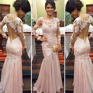 Sleeves Lace Pink 2016 Evening Sexy See Through Neck Hollow Backless Sheath Mermaid Prom Dresses Floor Length Long Party Gowns