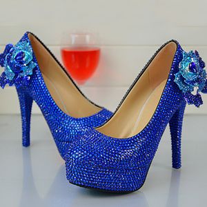 Scarpe da sposa fatte a mano con strass blu Royle moda punta tonda slip-on tacco alto tacchi a spillo scarpe da ballo taglie forti 12