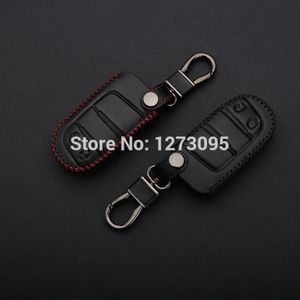 Handstygd äkta läderbil Keychain för Jeep 2014 Grand Cherokee 2 Knappar Smart Remote Key Cover Case Holder Auto Tillbehör