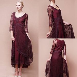 Elegante 2016 Borgonha Lace Scoop Sheer 3/4 Mangas Compridas Mãe Dos Vestidos de Noiva Barato Plus Size Comprimento Chá Vestido Feito Sob Medida EN7218