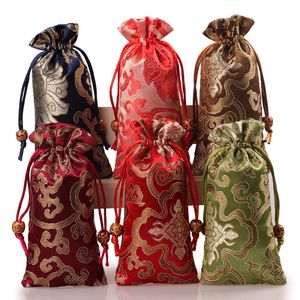 Lengthen Rich Flower Jewelry Gift Pouches Drawstring Silk Brocade Bag Beads Necklace Bracelet Wood Horns Comb Trinket Storage Pocket 8x16 cm